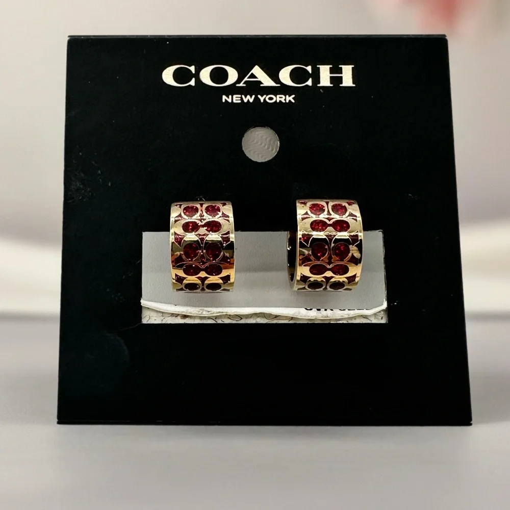 NWT Coach Signature C Huggie Earrings Red Gold Enamel Hoops C7770 - Picture 3 of 5